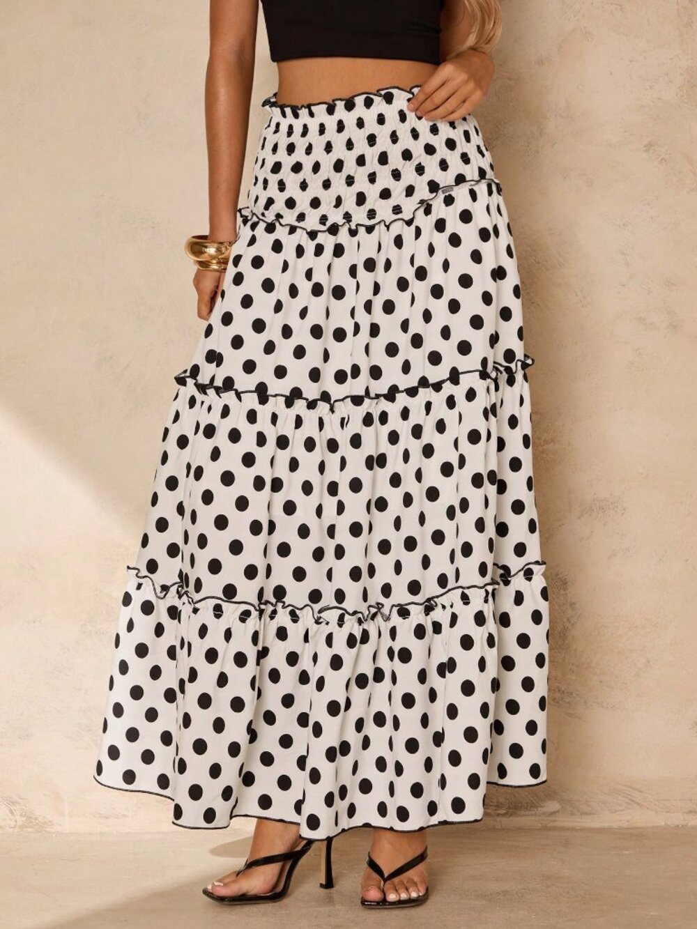 Black and White Casual Women's Polka Dot Boho Long Flare Skirt